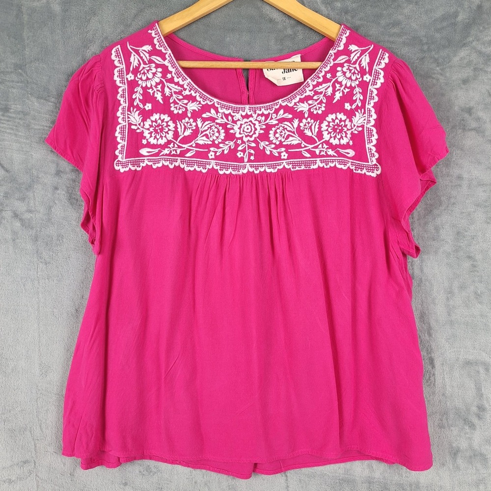 Savanna Jane Boho Top Womens 1X Pink Peasant Embroidered Floral Festival Folk